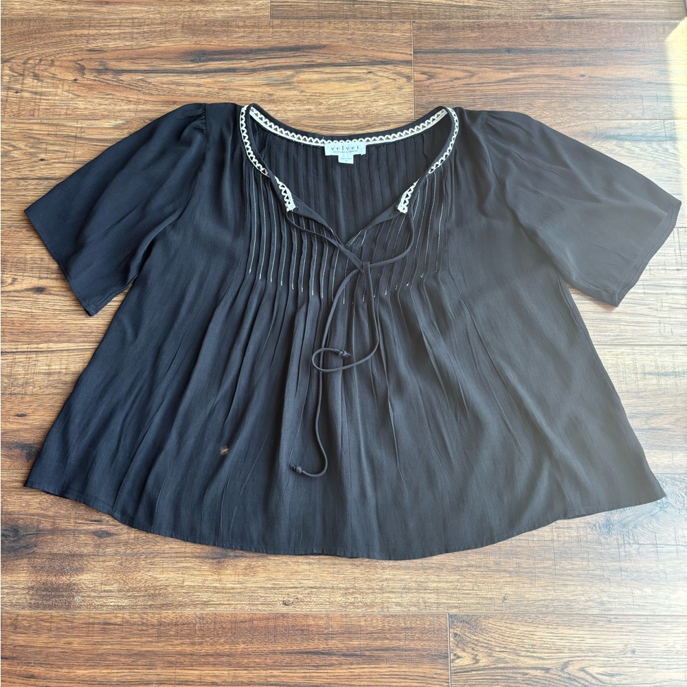 Velvet Black Pleated Tie Front Blouse